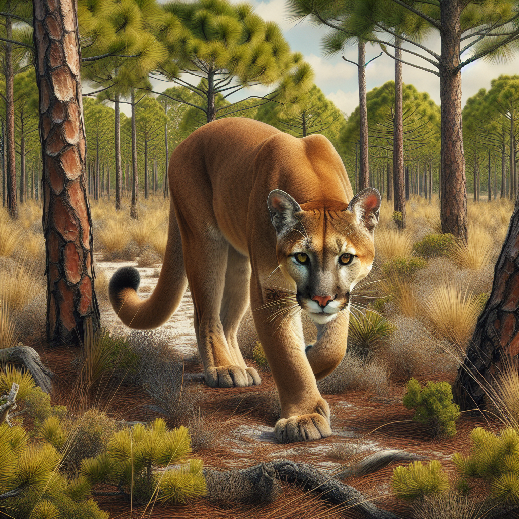 A Florida panther with tawny golden coat stalking through pine scrub flatlands in southern Florida